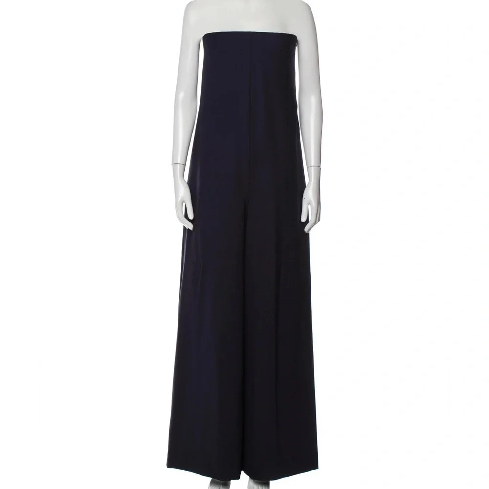 The Row Liu Bi-Stretch Virgin Double Wool Strapless Wide Leg Navy Blue Jumpsuit - Picture 5 of 7